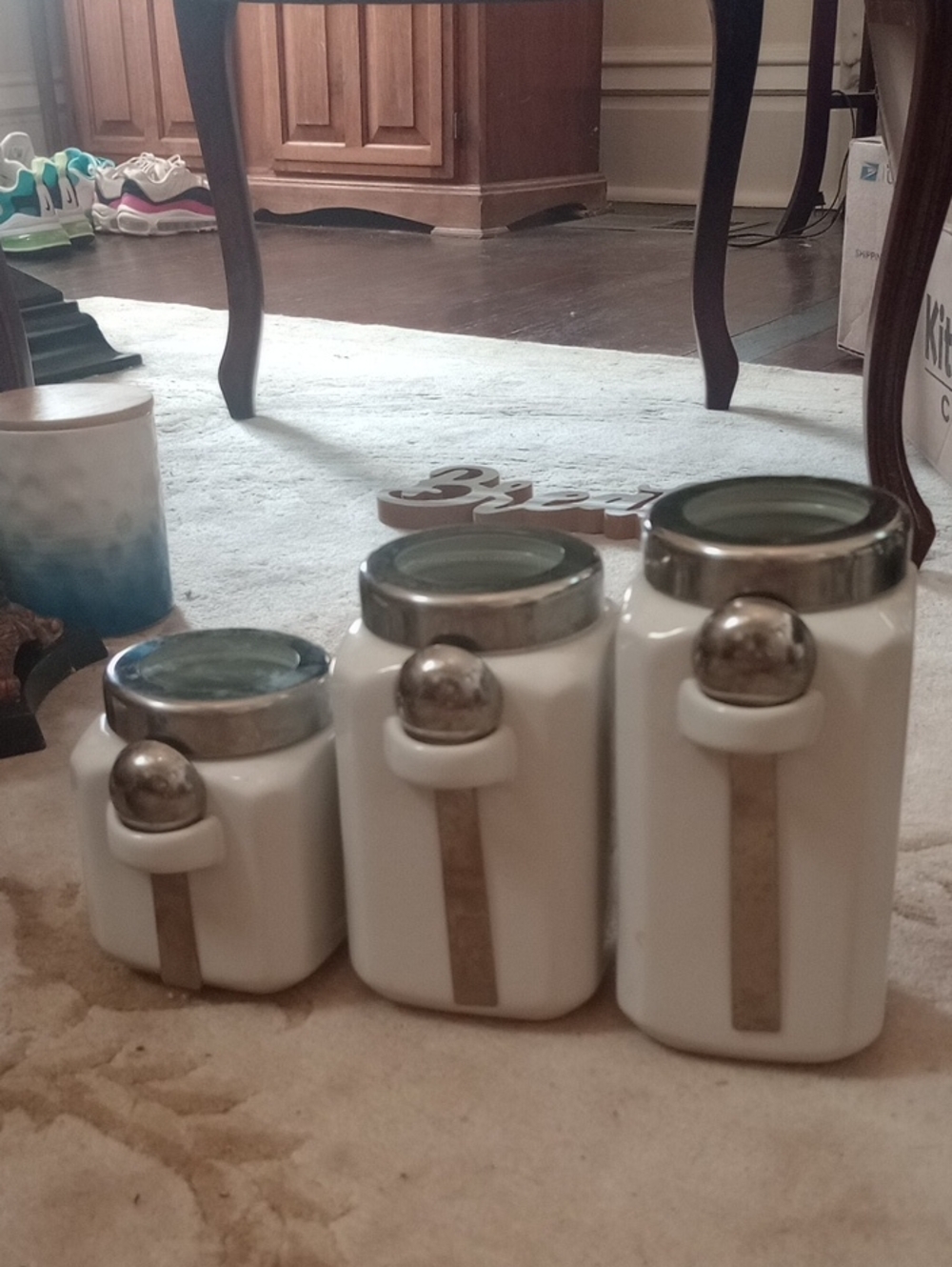 Mainstays White Ceramic Canister Set with Silver Lids & Measuring Spoon- 3-Piece
